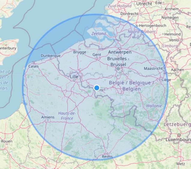 Carte du rayon d'action de Bizson (150 km autour de son siège soit en Belgique, en France et aux Pays-Bas)